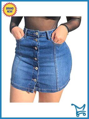 Cotton Spandex Denim Mini Skirt Button Down A-Line Flared Short Skirt